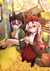 Rule 34 | 2girls, :d, apple, bag, basket, black footwear, blush, book, boots, bow, braid, brown coat, coat, coffee cup, commentary request, crossed legs, cup, disposable cup, fake horns, fang, fate/grand order, fate (series), food, fruit, ginkgo leaf, ginkgo tree, glasses, green jacket, grey hair, hair between eyes, hair bow, handbag, hat, head tilt, highres, holding, holding cup, holding food, horned headwear, horns, jacket, kurono kito, leaf, long hair, multiple girls, open clothes, open coat, open mouth, parted lips, pointy ears, purple eyes, purple hair, red apple, red bow, red hat, red skirt, revision, round eyewear, shirt, short hair, shuten douji (fate), sitting, skirt, smile, socks, sweater, tomoe gozen (fate), turtleneck, turtleneck sweater, very long hair, white legwear, white shirt, white sweater, window