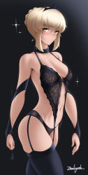 Rule 34 | 1girl, alternate costume, artist name, artoria pendragon (all), artoria pendragon (fate), black background, black bra, black panties, black thighhighs, blush, bra, braid, breasts, commentary, crown, english commentary, fate/grand order, fate/stay night, fate (series), french braid, garter straps, highres, lace, lace-trimmed bra, lace trim, looking at viewer, medium breasts, panties, saber alter, smile, solo, thighhighs, thighs, underwear, underwear only, zealyush