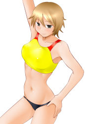 Rule 34 | 10s, 1girl, arm up, blonde hair, blue eyes, blush, brave witches, buruma, female focus, hand on own hip, hip focus, navel, short hair, simple background, smile, solo, sports bra, strike witches, tanaka rikimaru, waltrud krupinski, white background, world witches series