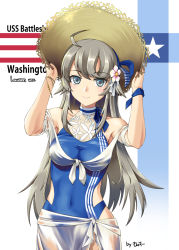 Rule 34 | 1girl, ahoge, american flag, artist name, blue one-piece swimsuit, breasts, casual one-piece swimsuit, character name, covered navel, cowboy shot, flower, grey eyes, hair flower, hair ornament, hairband, hat, kantai collection, long hair, looking at viewer, medium breasts, monsuu (hoffman), official alternate costume, one-piece swimsuit, sarong, silver hair, solo, sun hat, swimsuit, washington (kancolle), white background