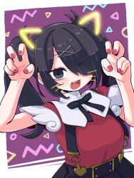 Rule 34 | 1girl, abstract background, absurdres, alternate breast size, ame-chan (needy girl overdose), black eyes, black hair, black ribbon, black skirt, blush, border, breasts, commentary, drawn ears, drawn whiskers, dutch angle, fangs, hair ornament, hair over one eye, hands up, highres, ino (tellu0120), large breasts, long hair, looking at viewer, neck ribbon, needy girl overdose, one eye covered, open mouth, outside border, paw pose, piercing, pink nails, purple background, ribbon, shirt tucked in, short sleeves, skirt, solo, suspender skirt, suspenders, sweat, symbol-only commentary, twintails, upper body, white border, x hair ornament