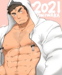 Rule 34 | 1boy, 2021, abs, bara, bare pectorals, blush, chest hair, cross scar, facial hair, goatee, hairy, head tilt, highres, houzouin oniwaka, jacket, large pectorals, long sideburns, looking at viewer, male focus, mature male, muscular, muscular male, naked jacket, navel, navel hair, nipples, open clothes, open jacket, pectorals, pout, pubic hair, pubic hair peek, scar, scar on face, scar on forehead, short hair, sideburns, solo, stomach, stubble, thick eyebrows, tokyo houkago summoners, upper body, yanutorie