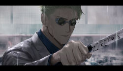Rule 34 | 1boy, black border, blonde hair, blue shirt, border, closed mouth, collared shirt, dress shirt, formal, grey jacket, grey suit, hand up, highres, holding, holding sword, holding weapon, jacket, jujutsu kaisen, kuro (grf), letterboxed, long sleeves, looking at viewer, male focus, nanami kento, open mouth, outdoors, rain, round eyewear, shirt, short hair, solo, suit, sunglasses, sword, upper body, weapon, wet, wet face, wet hair