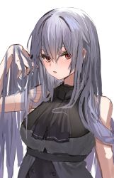 Rule 34 | 1girl, absurdres, arknights, ascot, bare shoulders, black ascot, black shirt, breasts, brown eyes, commentary request, grey hair, hair between eyes, hand up, highres, horn/wood, large breasts, long hair, looking at viewer, no headwear, parted lips, shirt, simple background, skadi (arknights), solo, upper body, very long hair, white background