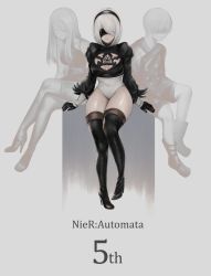 Rule 34 | 1boy, 2b (nier:automata), 2girls, 9s (nier:automata), a2 (nier:automata), absurdres, android, anniversary, bare shoulders, black footwear, black hairband, black legwear, blindfold, boots, breasts, closed mouth, commentary, copyright name, crossed legs, feather trim, full body, gloves, hairband, heattech leotard, high heels, highleg, highleg leotard, highres, kurone rinka, leotard, lips, long hair, long sleeves, medium breasts, mole, mole under mouth, multiple girls, nier:automata, nier (series), puffy sleeves, shiny skin, short hair, simple background, sitting, sleeveless, thigh boots, thighhighs, thighs, turtleneck, white hair