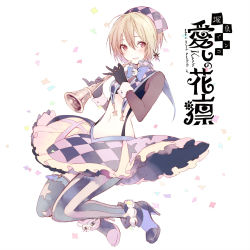 Rule 34 | 1girl, ankle boots, blonde hair, boots, confetti, gloves, headdress, high heels, inko (mini), instrument, itoshi no karin, kawai karin, midriff, navel, original, red eyes, smile, solo, striped clothes, striped thighhighs, suspenders, thighhighs, vertical-striped clothes, vertical-striped thighhighs