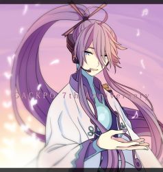 Rule 34 | 1boy, :d, akiyoshi (tama-pete), anniversary, blue eyes, hair ornament, hair over one eye, hand up, japanese clothes, kamui gakupo, long hair, male focus, open mouth, ponytail, purple hair, smile, solo, vocaloid