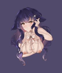 Rule 34 | 1girl, animal ears, azuma (azur lane), azur lane, bare shoulders, between breasts, bikini, black hair, black nails, blush, bow, bowtie, breast hold, breasts, brown eyes, closed mouth, colored skin, hair between eyes, hair ornament, hairclip, large areolae, large breasts, long hair, looking at viewer, nail polish, neck ribbon, necktie, necktie between breasts, nipples, nude, ribbon, simple background, smile, solo, swimsuit, upper body, white bikini, white skin, yuuren kyouko