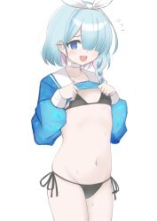 Rule 34 | 1girl, absurdres, arona (blue archive), bikini, black bikini, blue archive, blue eyes, blue hair, blue pupils, blush, bow hairband, braid, choker, colored inner hair, commentary, english commentary, flat chest, hair over one eye, hairband, highres, ler230, lifting own clothes, light blue hair, long sleeves, looking at viewer, multicolored hair, navel, neckerchief, open mouth, pink hair, sailor collar, school uniform, short hair, side-tie bikini bottom, single braid, solo, sweat, swimsuit, white choker, white hairband, white neckerchief, white sailor collar