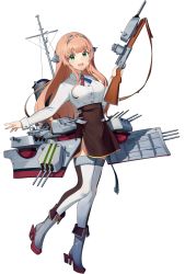 Rule 34 | 1girl, absurdres, alternate breast size, american flag neckwear, boots, breasts, brown skirt, derivative work, gun, headgear, helena (kancolle), highres, holding, holding gun, holding weapon, kantai collection, light brown hair, long hair, long sleeves, open mouth, rigging, rudder footwear, side slit, simple background, skirt, solo, thighhighs, weapon, white background, white thighhighs, yamano (yamanoh)