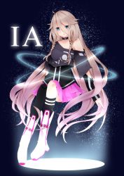 Rule 34 | 1girl, ahoge, asymmetrical legwear, bad id, bad pixiv id, bare shoulders, blonde hair, blue eyes, boots, braid, character name, choker, floating, highres, ia (vocaloid), long hair, looking at viewer, mismatched legwear, off shoulder, single sock, single thighhigh, skirt, socks, solo, striped clothes, striped socks, suke (sukerin), sukerin, thighhighs, twin braids, uneven legwear, very long hair, vocaloid
