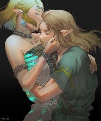 Rule 34 | 1boy, 1girl, absurdres, archaic set (zelda), armlet, bare shoulders, black background, blonde hair, bracelet, braid, choker, closed eyes, closed mouth, couple, crown braid, dress, earrings, hand on another&#039;s face, headpiece, highres, hug, jewelry, kiss, kissing forehead, link, long hair, nintendo, official alternate hair length, official alternate hairstyle, parted bangs, pointy ears, princess zelda, short hair, short sleeves, sidelocks, sleeveless, sleeveless dress, strapless, strapless dress, tears, the legend of zelda, the legend of zelda: tears of the kingdom, torn clothes, tunic, upper body, white dress, zeldm