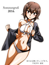 Rule 34 | 10s, 1girl, bikini, breasts, brown eyes, brown hair, collared shirt, dutch angle, front-tie bikini top, front-tie top, girls und panzer, light smile, long sleeves, looking at viewer, medium breasts, nishizumi maho, oosaka kanagawa, open clothes, open shirt, shirt, shochuumimai, short hair, solo, standing, swimsuit, thigh gap, translation request, undressing, white background, white bikini