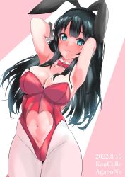 Rule 34 | 1girl, absurdres, agano (kancolle), alternate costume, animal ears, aqua eyes, arms behind head, black hair, blush, bow, bowtie, character name, clothing cutout, cowboy shot, dated, detached collar, fake animal ears, gloves, highres, kantai collection, leotard, long hair, looking at viewer, navel cutout, pantyhose, playboy bunny, rabbit ears, red bow, red bowtie, smile, solo, white gloves, wrist cuffs, yoshiki (bpmaxm)