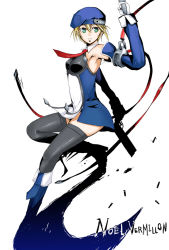 Rule 34 | 1girl, arc system works, armpits, beret, blazblue, blonde hair, blue footwear, boots, breasts, character name, detached sleeves, female focus, green eyes, gun, hat, necktie, noel vermillion, red ribbon, ribbon, short hair, small breasts, solo, thighhighs, tsugai, weapon