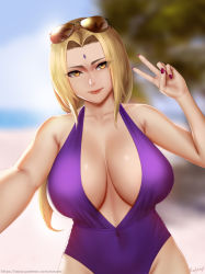 Rule 34 | 1girl, artist name, beach, blonde hair, breasts, cleavage, covered navel, day, easonx, eyes visible through hair, female focus, forehead jewel, glasses on head, huge breasts, long hair, mature female, nail polish, naruto, naruto (series), ninja, one-piece swimsuit, patreon username, purple nails, purple one-piece swimsuit, selfie, signature, smile, solo, sunglasses, sunglasses on head, swimsuit, tsunade (naruto), upper body, v, watermark, web address