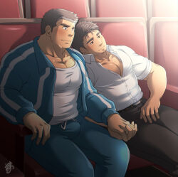 Rule 34 | 2boys, age difference, bara, blush, bulge, character request, coach, collarbone, collared shirt, couple, erection, erection under clothes, feet out of frame, holding hands, interlocked fingers, jacket, large pectorals, leaning on person, leaning to the side, long sideburns, male focus, mature male, movie theater, multiple boys, muscular, muscular male, pants, partially unbuttoned, pectoral cleavage, pectorals, rental athletes, school uniform, shirt, short hair, sideburns, sitting, sunfight0201, teacher and student, thick eyebrows, thick thighs, thighs, track jacket, track pants, yaoi