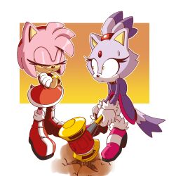 Rule 34 | 2girls, absurdres, amy rose, animal ears, blaze the cat, cat ears, cat girl, cat tail, closed eyes, crossed arms, forehead jewel, fur-trimmed gloves, fur trim, furry, furry female, gloves, hammer, hedgehog girl, highres, holding, holding hammer, multiple girls, novika, pink footwear, ponytail, sonic (series), sweatdrop, tail, white gloves