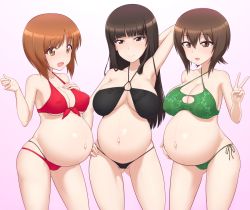 Rule 34 | 3girls, akai (riaakai), arms behind head, bikini, black one-piece swimsuit, blunt bangs, breast hold, breasts, brown eyes, brown hair, cameltoe, cleavage, collarbone, covered erect nipples, criss-cross halter, female focus, floral print, girls und panzer, gluteal fold, green one-piece swimsuit, hair between eyes, halterneck, hand on own hip, large breasts, long hair, looking at viewer, mature female, medium breasts, mother and daughter, multiple girls, navel, nishizumi maho, nishizumi miho, nishizumi shiho, one-piece swimsuit, open mouth, outie navel, pregnant, red hair, red one-piece swimsuit, short hair, siblings, side-tie bikini bottom, sisters, smile, straight hair, swimsuit, thighs, v