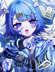 Rule 34 | 1girl, @ @, absurdres, artist name, bandaid, bandaid hair ornament, barcode, blood, blood on face, blood on hands, blood type, blue blood, blue eyes, blue hair, blue hoodie, blue theme, blush, bow, commentary, decora, english commentary, english text, hair bow, hair ornament, hakurokku, hands up, head tilt, heart, heart hands, highres, hood, hood down, hoodie, looking at viewer, minibow, multiple hair bows, o-ring strap, open clothes, open hoodie, open mouth, original, paper, print hoodie, shoulder strap, smile, solo, sticker on face, striped arm warmers, text hair ornament, two side up, upper body, wavy eyes, wing hair ornament, x hair ornament, yami kawaii, zipper