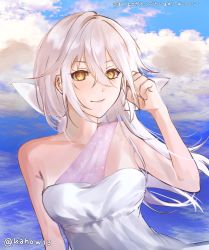 Rule 34 | 1girl, bow, breasts, clenched hand, cloud, collarbone, dress, eyebrows hidden by hair, floating hair, hair bow, highres, long hair, looking at viewer, medium breasts, qualia qu, re:act, sky, smile, solo, thai commentary, twitter username, unn (unnk131), virtual youtuber, water, white bow, white dress, white hair, yellow eyes
