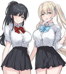 Rule 34 | 2girls, black hair, black skirt, blonde hair, blue bow, blue bowtie, blue eyes, blue ribbon, bow, bowtie, breasts, brown eyes, collared shirt, hair ribbon, hand on own hip, highres, large breasts, long hair, metsu end, multiple girls, open mouth, original, ponytail, red bow, red bowtie, ribbon, school uniform, shirt, skirt, twintails, white shirt