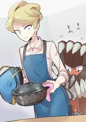 Rule 34 | 1boy, apron, barbaracle, blonde hair, blue apron, blue eyes, buttons, character print, clawitzer, claydol, closed mouth, collared shirt, commentary request, creatures (company), game freak, gen 3 pokemon, gen 6 pokemon, highres, holding, looking back, male focus, mikanbako (aitatadon3), mittens, nintendo, pokemon, pokemon (creature), pokemon xy, pot, shirt, short hair, siebold (pokemon), sleeves rolled up, standing, swept bangs