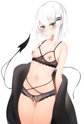 Rule 34 | 1girl, bar censor, bare shoulders, black bra, black panties, blue eyes, blush, bra, breasts, censored, closed mouth, collarbone, commission, cowboy shot, crotchless, crotchless panties, cupless bra, demon tail, hair ornament, hairclip, highres, looking at viewer, navel, nipples, off shoulder, open clothes, original, otokuyou, panties, pixiv commission, ringo-chan (otokuyou), short hair, simple background, small breasts, smile, solo, stomach, tail, underwear, white background, white hair