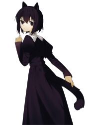 Rule 34 | 1girl, animal ears, black dress, black eyes, black hair, bob cut, cat ears, cat tail, closed mouth, commentary, commentary request, cowboy shot, dress, fate/grand order, fate (series), furrowed brow, hair between eyes, hand up, highres, holding own tail, juliet sleeves, kuonji alice, long dress, long sleeves, looking at viewer, looking back, mahou tsukai no yoru, nun, puffy sleeves, reien girl&#039;s academy school uniform, school uniform, shikkuro69, short hair, simple background, solo, tail, traditional nun, white background