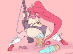 Rule 34 | 1girl, absurdly long hair, anal, anal destruction, anal object insertion, ankle boots, anti-materiel rifle, anus, artist name, ass, back, bikini, bikini top only, black shorts, boots, breasts, bullet, clothed masturbation, clothing aside, commentary, demimond23, detached sleeves, english commentary, female masturbation, fingerless gloves, flat color, from behind, gloves, gun, hair ornament, hair stick, high heel boots, high heels, large insertion, long hair, lube, masturbation, medium breasts, object insertion, open mouth, panties, panties aside, pink background, pink thighhighs, plantar flexion, ponytail, red hair, rifle, rolling eyes, scarf, short shorts, shorts, shorts aside, sideboob, single detached sleeve, skull hair ornament, sniper rifle, solo, spread legs, squatting, studded bracelet, swimsuit, tengen toppa gurren lagann, thick thighs, thighhighs, thighs, tongue, torn clothes, torn thighhighs, uncensored, underwear, very long hair, weapon, wide spread legs, yoko littner, zipper