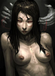 Rule 34 | 1girl, black hair, breasts, dcwj, facepaint, lips, nipples, nose, scar, stitches, string, topless, zombie