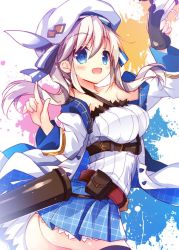 Rule 34 | 10s, 1girl, :d, ass, beret, between breasts, blue eyes, blue skirt, blush, breasts, cucouroux (granblue fantasy), granblue fantasy, gun, hair ribbon, hat, holding, holding gun, holding weapon, long hair, long sleeves, medium breasts, miniskirt, nanamomo rio, open mouth, paint splatter, plaid, plaid skirt, ribbon, silver hair, simple background, skirt, smile, solo, strap between breasts, trigger discipline, twintails, weapon, white background