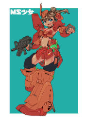 Rule 34 | 1girl, absurdres, ag 00000, blue eyes, brown hair, clenched hand, fang, flat chest, gun, gundam, highres, holding, holding gun, holding weapon, marasai, mecha musume, midriff, navel, open mouth, personification, solo, weapon, zeta gundam