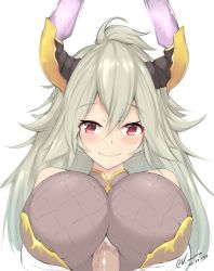 Rule 34 | 10s, 1girl, bare shoulders, blush, breasts, dated, draph, granblue fantasy, grey hair, hair between eyes, heart, heart-shaped pupils, horns, huge breasts, kuavera, long hair, looking at viewer, paizuri, penis, red eyes, signature, simple background, smile, solo focus, symbol-shaped pupils, threo (granblue fantasy), uncensored, white background