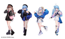 Rule 34 | 4girls, :d, ;d, ahoge, alternate costume, amane kanata, angel wings, arm up, armpits, bag, bare shoulders, beret, black-framed eyewear, black footwear, black headwear, black shirt, black shorts, black skirt, blue eyes, blue hair, blue jacket, boots, braid, brown hair, collared shirt, crop top, earrings, fishnet legwear, fishnets, full body, glasses, hair bun, hair ornament, hand up, hat, heart, heart ahoge, highres, hololive, hoshimachi suisei, jacket, jewelry, leg up, long hair, long sleeves, looking at viewer, midriff peek, mini wings, miniskirt, multiple girls, nail polish, off shoulder, official art, one eye closed, open clothes, open jacket, open mouth, pantyhose, pink eyes, pleated skirt, pointy ears, puffy sleeves, ring, round eyewear, see-through, see-through sleeves, shirt, short shorts, shorts, shoulder bag, shugao, single braid, single hair bun, skirt, sleeveless, sleeveless shirt, smile, socks, standing, star (symbol), star hair ornament, thighs, tokino sora, tongue, tongue out, undershirt, virtual youtuber, white footwear, white hair, white shirt, white skirt, wings, yukihana lamy