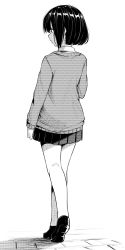 Rule 34 | 1girl, bob cut, cardigan, collared shirt, commentary request, from behind, full body, greyscale, highres, long sleeves, monochrome, original, pleated skirt, profile, school uniform, shirt, shoes, short hair, skirt, solo, standing, walking, yuki arare