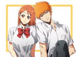 Rule 34 | 1boy, 1girl, bleach, bow, breasts, brown eyes, closed mouth, collared shirt, commentary, hair between eyes, hair ornament, head tilt, highres, inoue orihime, kurosaki ichigo, large breasts, long hair, looking at viewer, n (nauki 11), orange hair, parted bangs, red bow, school uniform, shirt, short hair, short sleeves, side-by-side, simple background, smile, spiked hair, star (symbol), star hair ornament, straight hair, symbol-only commentary, tareme, tsurime, upper body, white background, white shirt, wide-eyed