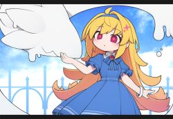 Rule 34 | 1girl, armband, blonde hair, blue bow, blue bowtie, blue dress, blue hairband, bow, bowtie, brooch, commentary request, deformed, dorodra (kisaragi kaya), dress, fence, frilled sleeves, frills, hair intakes, hairband, hand on another&#039;s face, hand up, jewelry, kisaragi kaya, letterboxed, light blush, looking at another, looking to the side, monster, original, parted lips, pink eyes, pink pupils, puffy short sleeves, puffy sleeves, short sleeves, sky, slime (substance), snake, vest lift, white armband