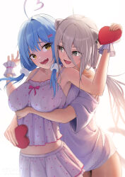 2girls absurdres ahoge animal_ears arm_under_breasts blush box breasts camisole cleavage grey_eyes grey_hair hair_ornament hairpin heart heart-shaped_box heart_ahoge highres hololive hug hug_from_behind large_breasts lion_ears lion_girl long_hair low_twintails multiple_girls official_alternate_costume official_alternate_hairstyle open_mouth pointy_ears polka_dot_camisole shirt shishiro_botan shishiro_botan_(casual) skirt smile torjun_111 twintails valentine virtual_youtuber white_camisole white_shirt white_skirt white_wrist_cuffs wrist_cuffs yellow_eyes yukihana_lamy yukihana_lamy_(loungewear) yuri