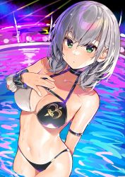 Rule 34 | 1girl, :/, bikini, breasts, green eyes, hand on own chest, hololive, kibanda gohan, large breasts, long hair, looking at viewer, neon lights, pool, serious, shirogane noel, silver hair, stomach, swimsuit, two-tone bikini, virtual youtuber, water, wet