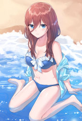 Rule 34 | 1girl, akitsuki (oenothera), arm support, barefoot, beach, bikini, blue bikini, blue eyes, blue jacket, blush, breasts, brown hair, cleavage, closed mouth, commentary request, day, frilled bikini, frills, go-toubun no hanayome, hair between eyes, highres, jacket, large breasts, lens flare, long hair, looking at viewer, midriff, nakano miku, navel, ocean, off-shoulder jacket, off shoulder, outdoors, sand, sitting, smile, solo, swimsuit, wariza