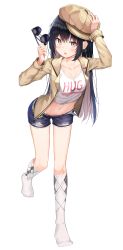 Rule 34 | 1girl, :o, absurdres, apple ringo, arm up, belt, black hair, blue shorts, breasts, brown hat, brown jacket, cabbie hat, clothes writing, collarbone, colored inner hair, crop top, cutoffs, denim, denim shorts, earrings, full body, glint, groin, hand on headwear, hat, highres, holding, holding removed eyewear, hoop earrings, jacket, jewelry, kneehighs, long hair, long sleeves, looking at viewer, medium breasts, midriff, multicolored hair, navel, no shoes, open clothes, open jacket, open mouth, original, shirt, short shorts, shorts, sidelocks, simple background, socks, solo, standing, standing on one leg, stomach, sunglasses, sunglasses removed, thighs, unworn eyewear, white background, white shirt, white socks, wing collar, yellow eyes