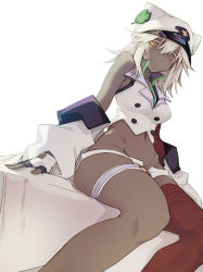 Rule 34 | 10mo, 1girl, blush, breasts, closed mouth, dark-skinned female, dark skin, fingerless gloves, gloves, guilty gear, guilty gear strive, hair between eyes, hat, highres, looking at viewer, medium breasts, medium hair, open clothes, orange eyes, ramlethal valentine, red thighhighs, short shorts, shorts, simple background, single thighhigh, sitting, sleeveless, solo, thigh strap, thighhighs, white background, white gloves, white hair, white hat, white shorts