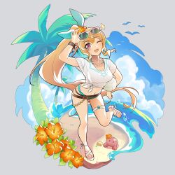 Rule 34 | 1girl, ;d, adjusting eyewear, ball, beach, belt, bikini, blonde hair, blue bikini, breasts, brown belt, cleavage, crab, dragalia lost, elisanne, eyewear on head, flower, full body, highres, holding, holding ball, long hair, looking at another, medium breasts, midriff, navel, ocean, official alternate costume, one eye closed, open mouth, palm tree, purple eyes, sand, sandals, shirt, short sleeves, side ponytail, smile, sunglasses, swimsuit, thigh strap, tied shirt, tree, very long hair, volleyball (object), water, white footwear, white shirt, xiafei97