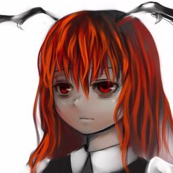 Rule 34 | 1girl, bags under eyes, collared shirt, demon girl, embodiment of scarlet devil, female focus, head wings, koakuma, red eyes, red hair, shirt, simple background, solo, touhou, white background, wings