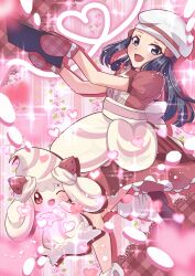 Rule 34 | 1girl, :d, ;d, absurdres, alcremie, apron, black footwear, blue hair, come2traveling, creatures (company), dawn (palentine&#039;s 2021) (pokemon), dawn (pokemon), dress, feet out of frame, game freak, gen 8 pokemon, highres, leg up, long hair, looking at viewer, loose socks, mittens, nintendo, one eye closed, open mouth, pokemon, pokemon (creature), pokemon masters ex, puffy short sleeves, puffy sleeves, red dress, red mittens, short sleeves, smile, socks, valentine, white apron, white headwear, white socks