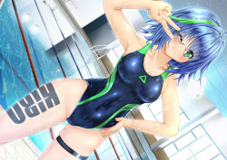 Rule 34 | 1girl, backlighting, black one-piece swimsuit, blue hair, blue one-piece swimsuit, body writing, bodypaint, breasts, commentary request, contrapposto, covered navel, cowboy shot, dutch angle, glasses, green eyes, green hair, hand on own hip, highres, indoors, medium breasts, multicolored hair, one-piece swimsuit, original, pool, pool ladder, satou terumasa, short hair, skin tight, skindentation, solo, streaked hair, swimsuit, thigh strap, thighs, v over eye, window