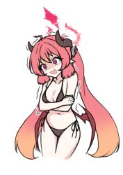 Rule 34 | 1girl, @ @, ahoge, bare shoulders, bikini, black bikini, blue archive, blunt tresses, breasts, cleavage, cold, commentary request, cropped legs, crossed arms, gradient hair, halo, halterneck, highres, horns, hr.r, junko (blue archive), long hair, low wings, multicolored hair, navel, open mouth, pink eyes, pointy ears, red hair, shaded face, side-tie bikini bottom, sidelocks, simple background, small breasts, solo, string bikini, swimsuit, trembling, twintails, v-shaped eyebrows, wavy mouth, white background, wings
