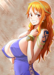 Rule 34 | 1girl, alternate costume, areola slip, bare shoulders, beads, blue dress, breasts, breasts squeezed together, cleavage, covered erect nipples, covered navel, cross-laced clothes, cross-laced dress, dress, from side, grin, hands up, long hair, looking at viewer, minpei ichigo, nami (one piece), nami (one piece) (post-timeskip), nami (one piece) (zou), official alternate costume, one piece, orange eyes, orange hair, plunging neckline, revealing clothes, short dress, shoulder tattoo, sideboob, sidelocks, simple background, smile, solo, sunlight, swept bangs, tattoo, upper body, very long hair, wide hips