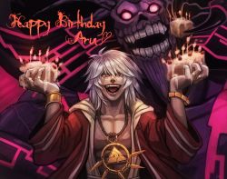 Rule 34 | 1boy, bare pectorals, bibibisk, birthday cake, bracelet, cake, candle, claws, coat, commentary request, dark-skinned male, dark skin, demon, dual wielding, fire, fire, food, happy birthday, heart, holding, holding cake, holding food, jewelry, laughing, long hair, looking at viewer, male focus, millennium ring, necklace, open clothes, open coat, open mouth, pectorals, red coat, red eyes, ring, scar, scar across eye, scar on face, tan, teeth, tongue, touzokuou bakura, upper body, white hair, yu-gi-oh!, yu-gi-oh! duel monsters, zorc necrophades